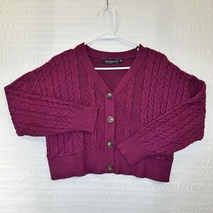 Merokeety Long Sleeve Button Front Cardigan Magenta Cropped Sweater Women Sz M